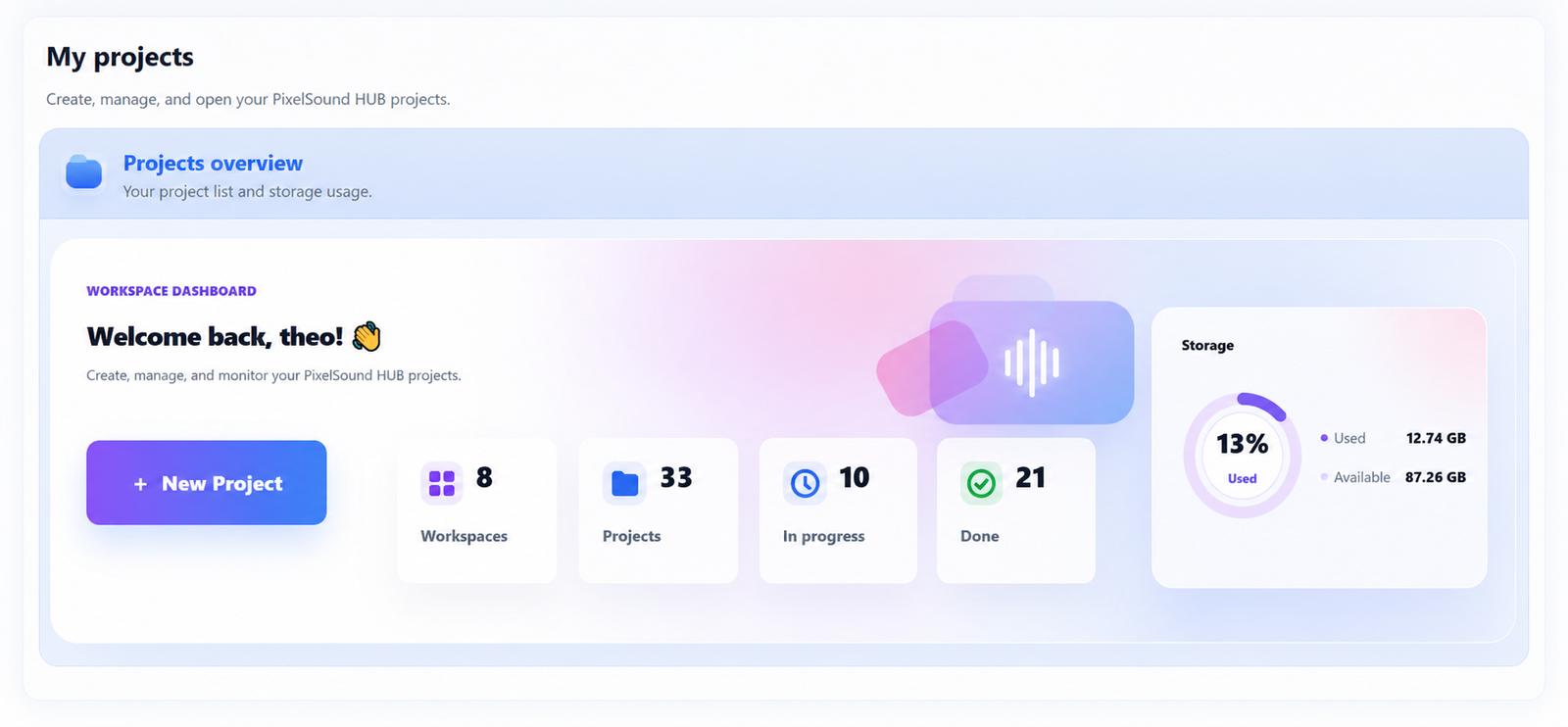 PixelSound HUB projects dashboard